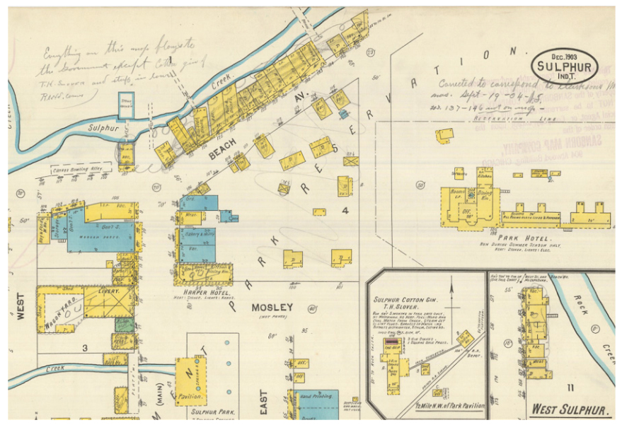 Figure Two. Map Detail: Sanborn Insurance map of portions of Sulphur Springs, Indian Territory. (Note the handwritten notes and crossed-out buildings, which related to the process of building demolition following the creation of the National Park).